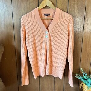 American Living Peach Cable Knit‎ Sweater Button V-Neck Pullover XL